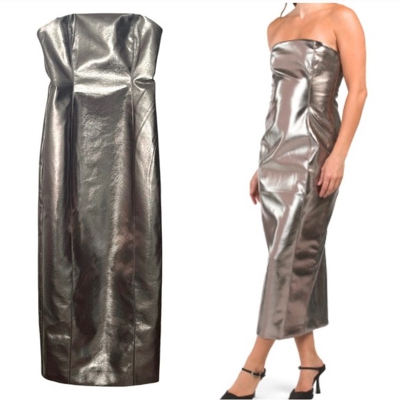 NWT 7 For All Mankind Metallic Faux Leather Bustier Midi Strapless Dress